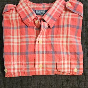 POLO Ralph Lauren mens L red plaid shirt shoulder tabs